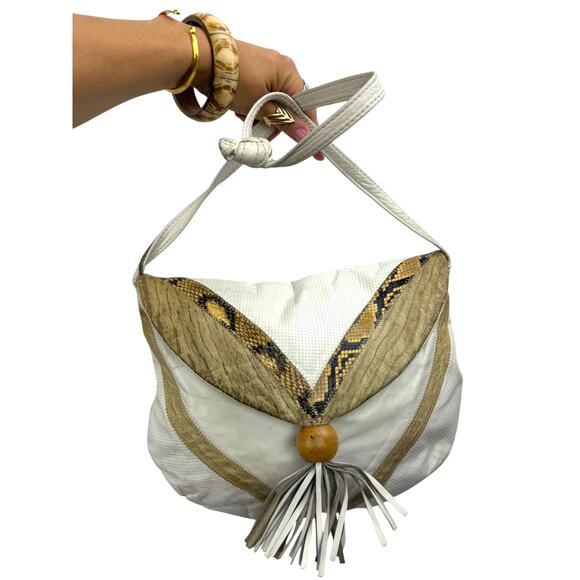 1970's genuine leather and python snakeskin tassel bag - Picture 3 of 7